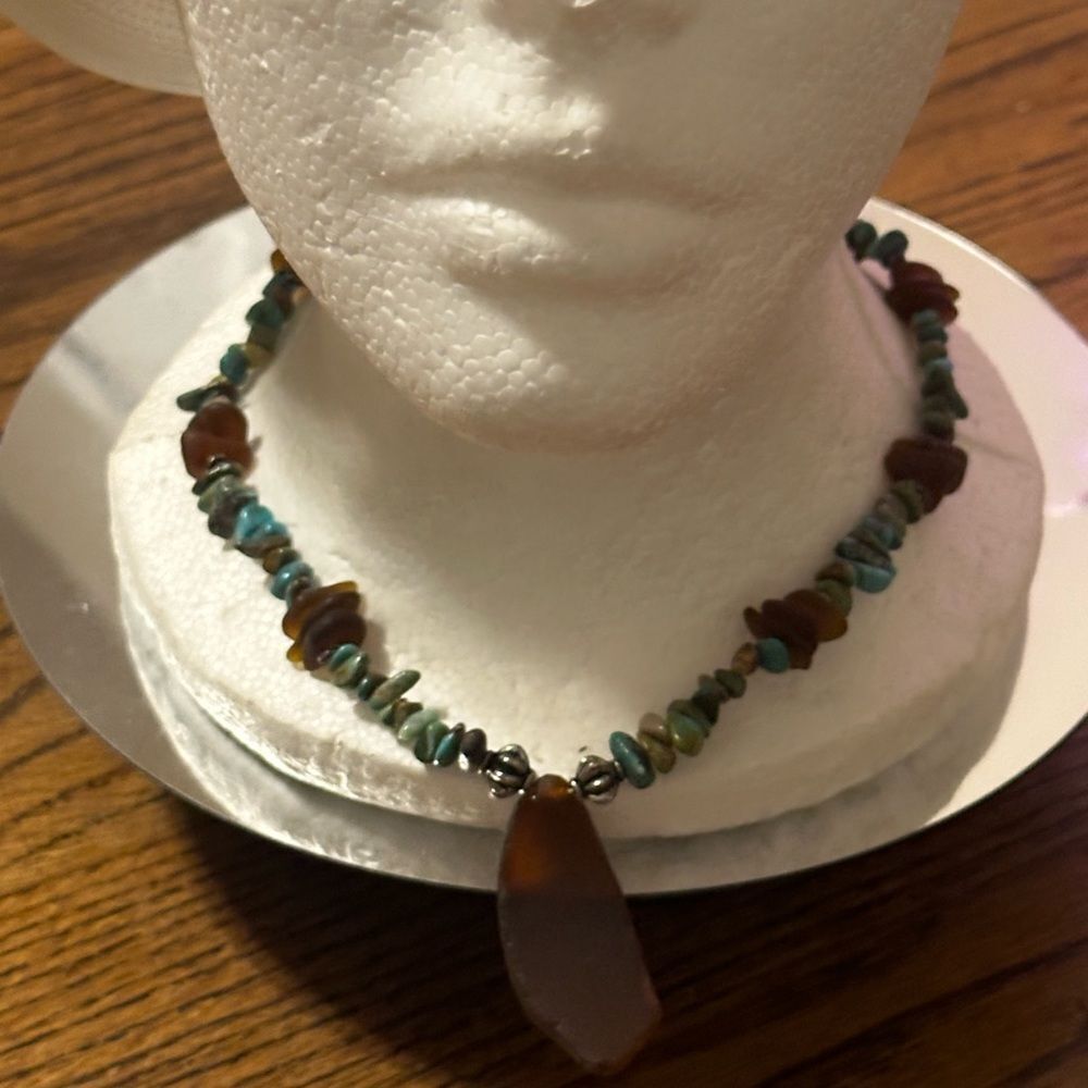 C1929-1930 rare dark brown sea glass turquoise and sterling silver necklace - Picture 1 of 8